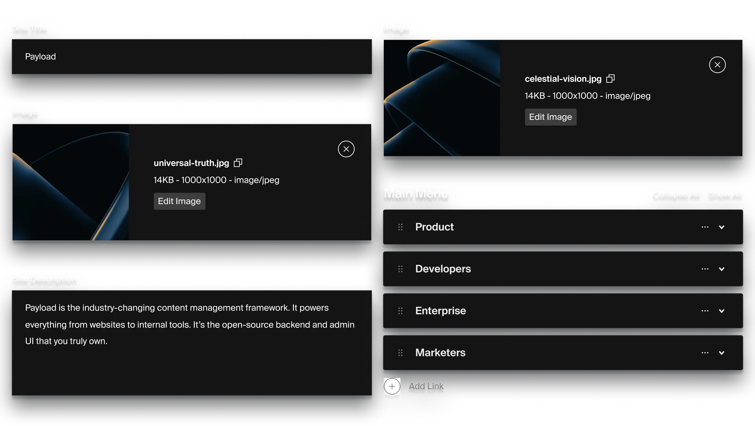 A collage of Payload admin panel field types in dark mode.